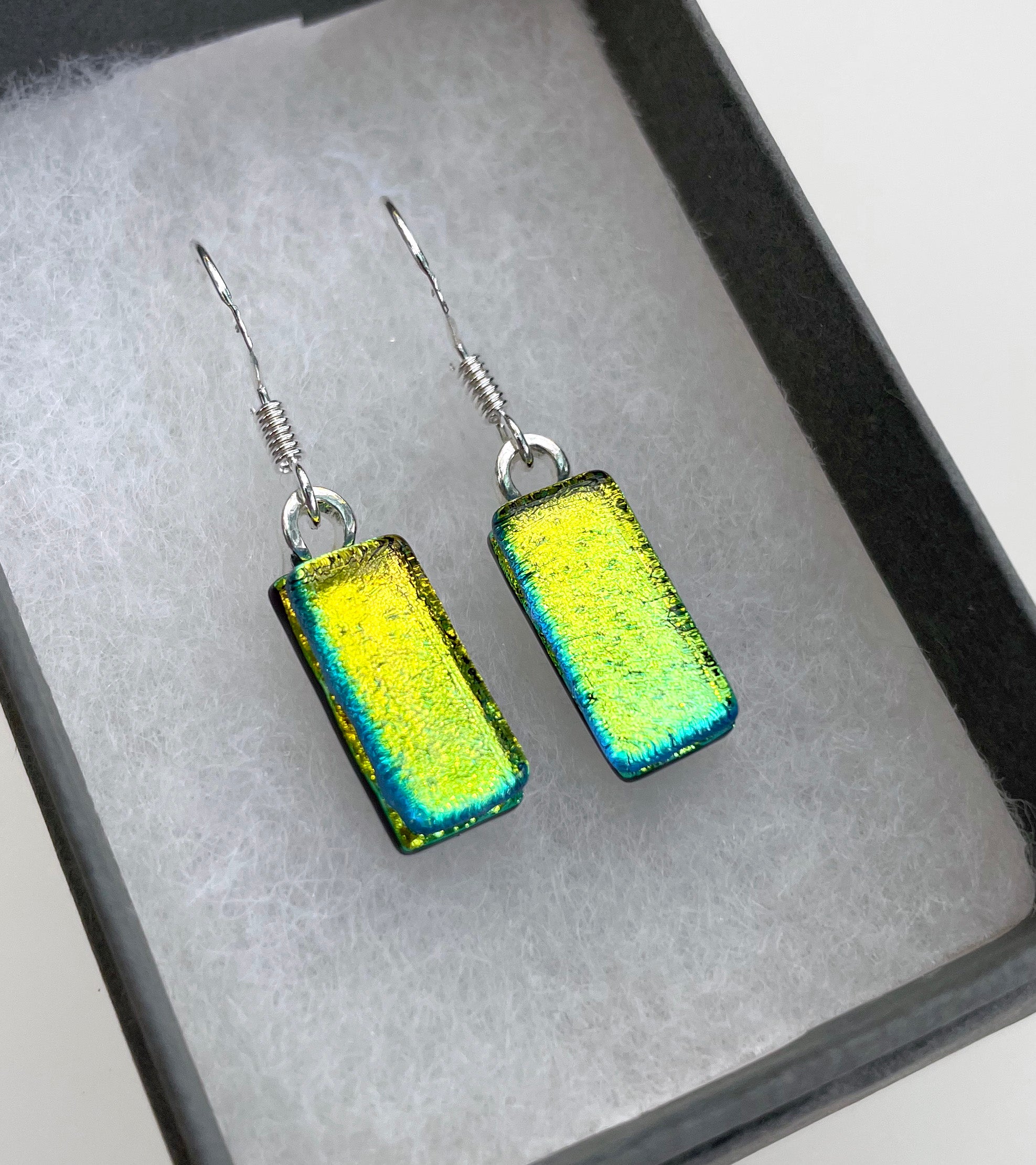Jade Tapson - Dangle Pink, Green & Blue Dichroic Earrings Sterling Silver