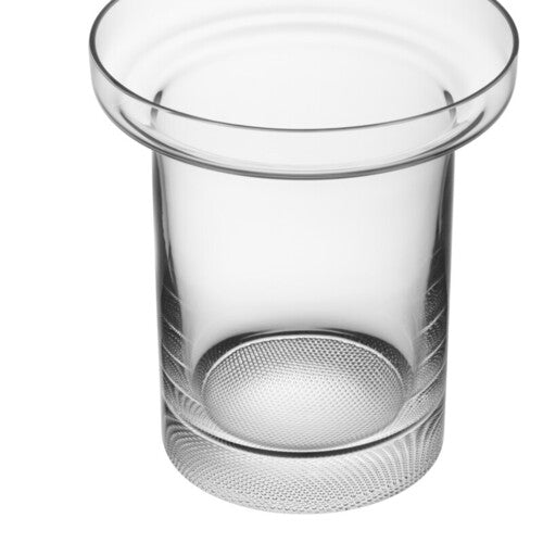 A clear glass vase with a short cylinder shape that widens into a wide flat cylinder at the top, sat against a white background.