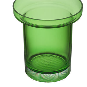 A vibrant green glass vase with a short cylinder shape that widens into a wide flat cylinder at the top, sat against a white background.