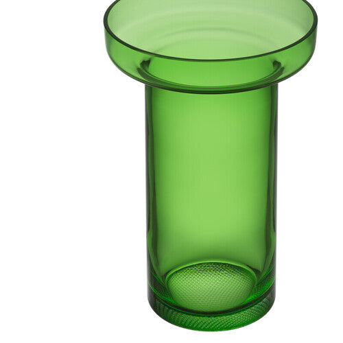 A vibrant green glass vase with a tall cylinder shape that widens into a wide flat cylinder at the top, sat against a white background.