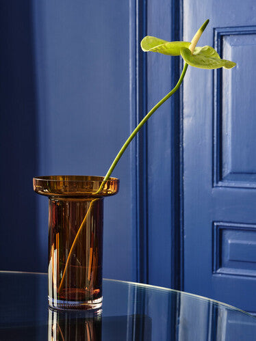 A brown glass vase with a tall cylinder shape that widens into a wide flat cylinder at the top, with a single large green petaled flower inside, set against a royal blue background.