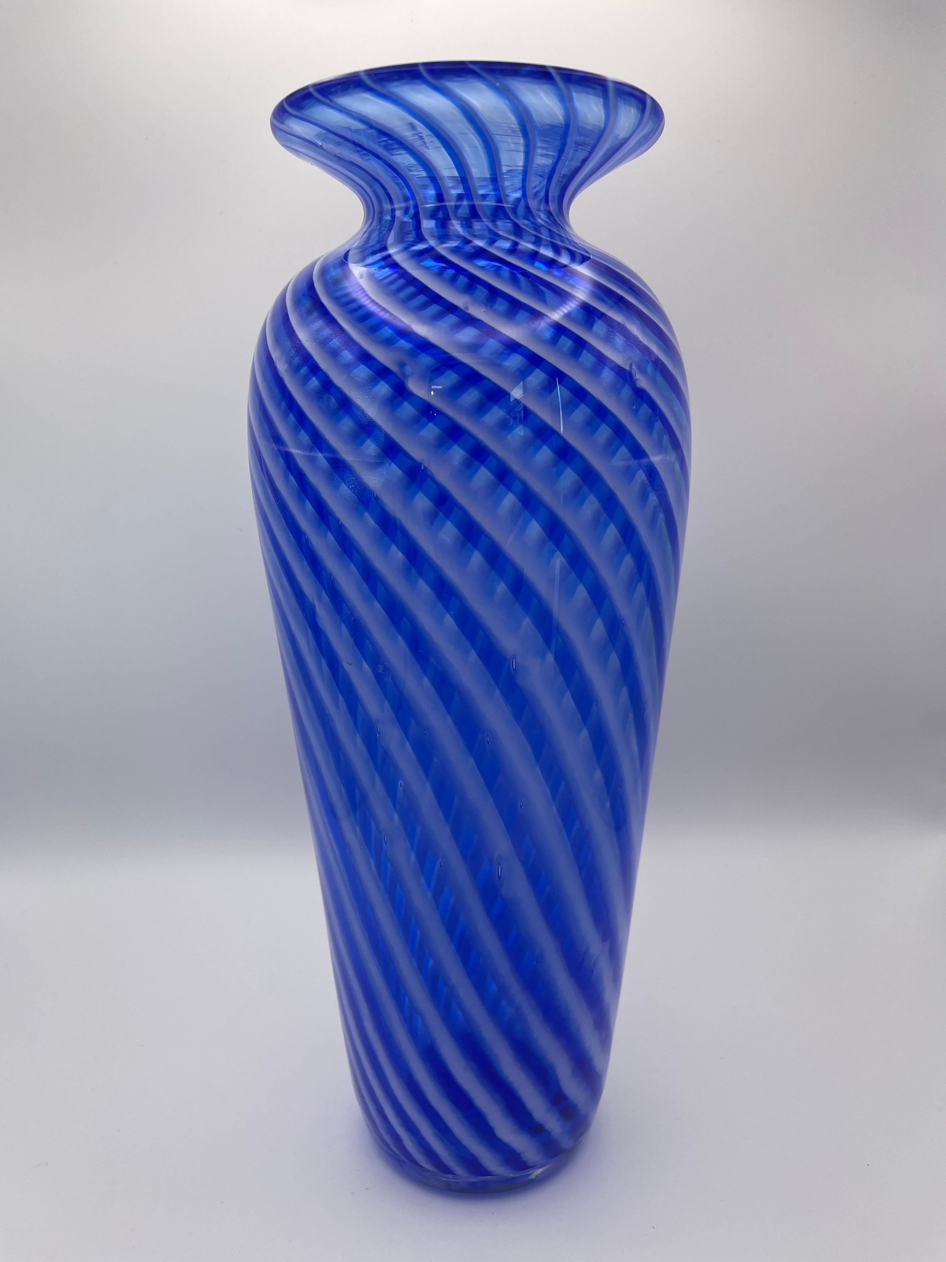 Clear vase with Blue and white twisted lines