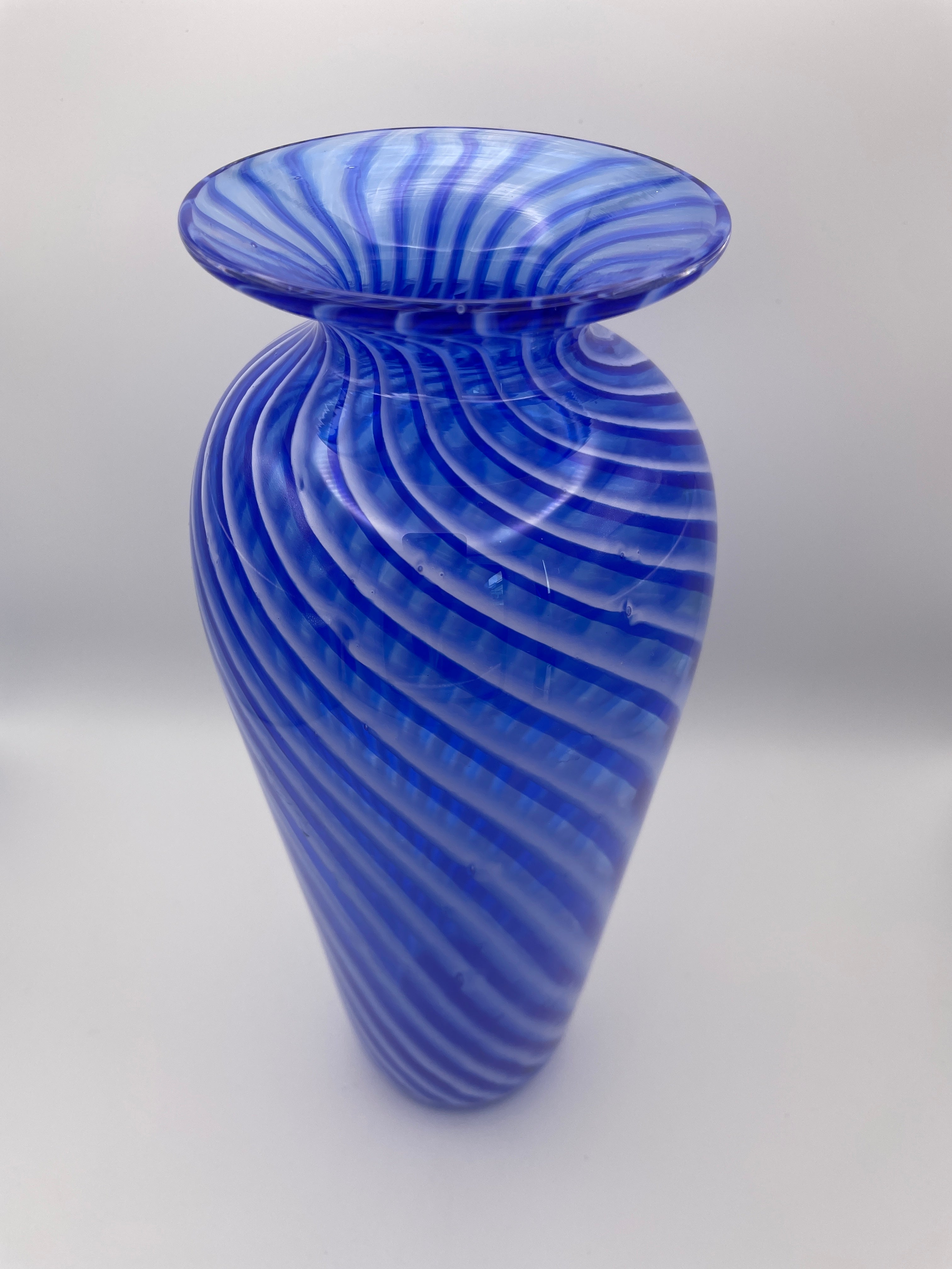 Clear vase with Blue and white twisted lines