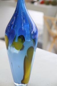 Blue ombre vase with yellow, brown and purple detail