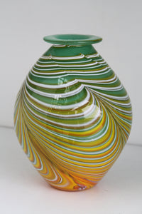 Green Vase with White, yellow and orange swirls