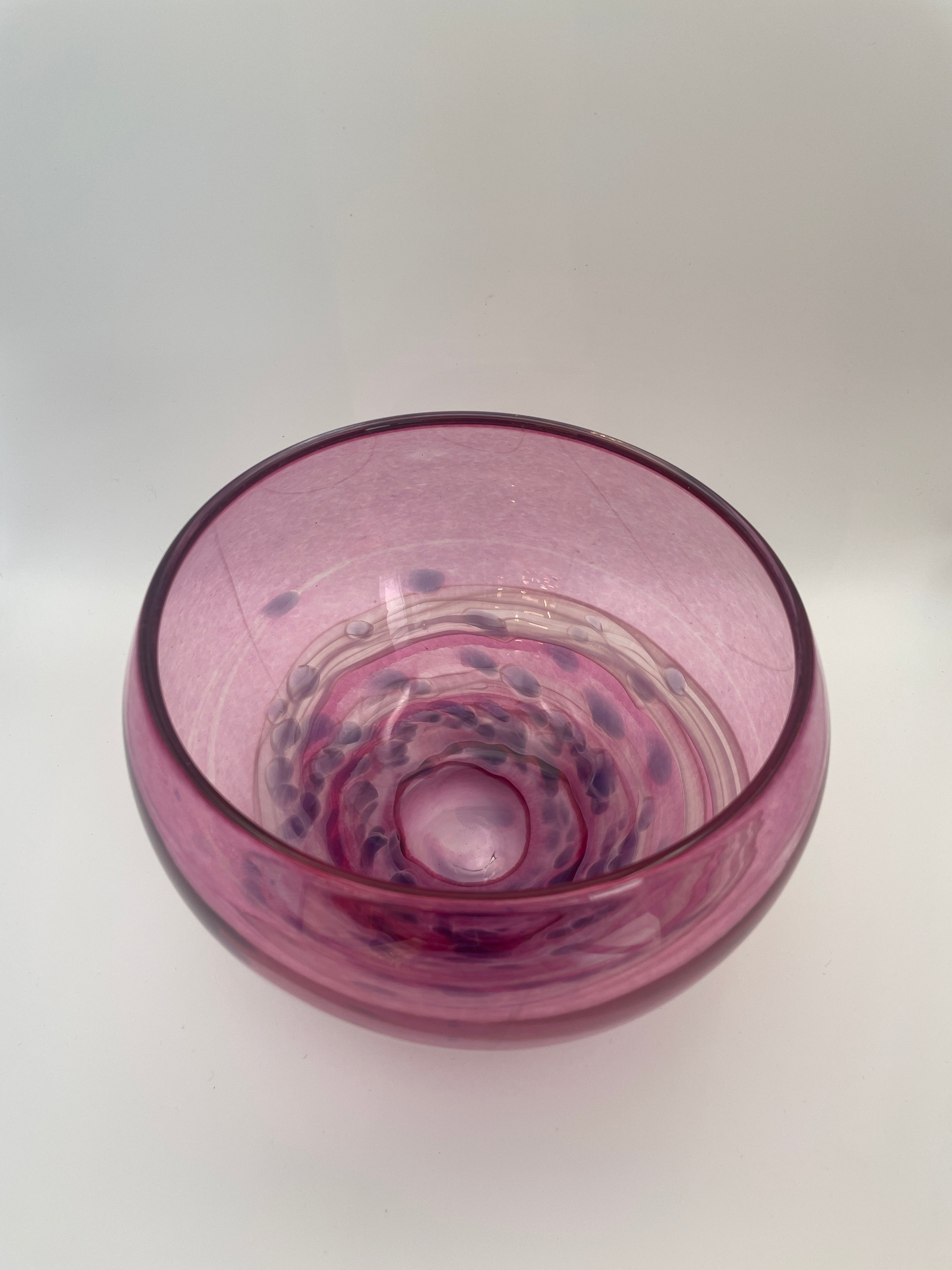 Pink bowl, white swirl with purple dots