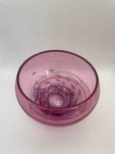 Pink bowl, white swirl with purple dots