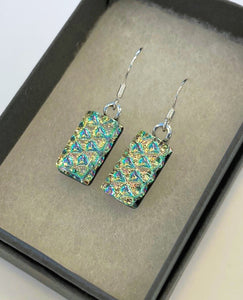 Dangle Cube Yellow/Green & Blue Dichroic Earrings Sterling Silver