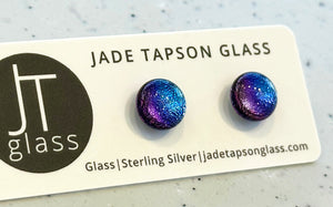 Jade Tapson - Dichroic Stud Sterling Silver Earrings - Blue, Purple & Pink