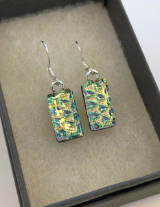 Dangle Cube Yellow/Green & Blue Dichroic Earrings Sterling Silver