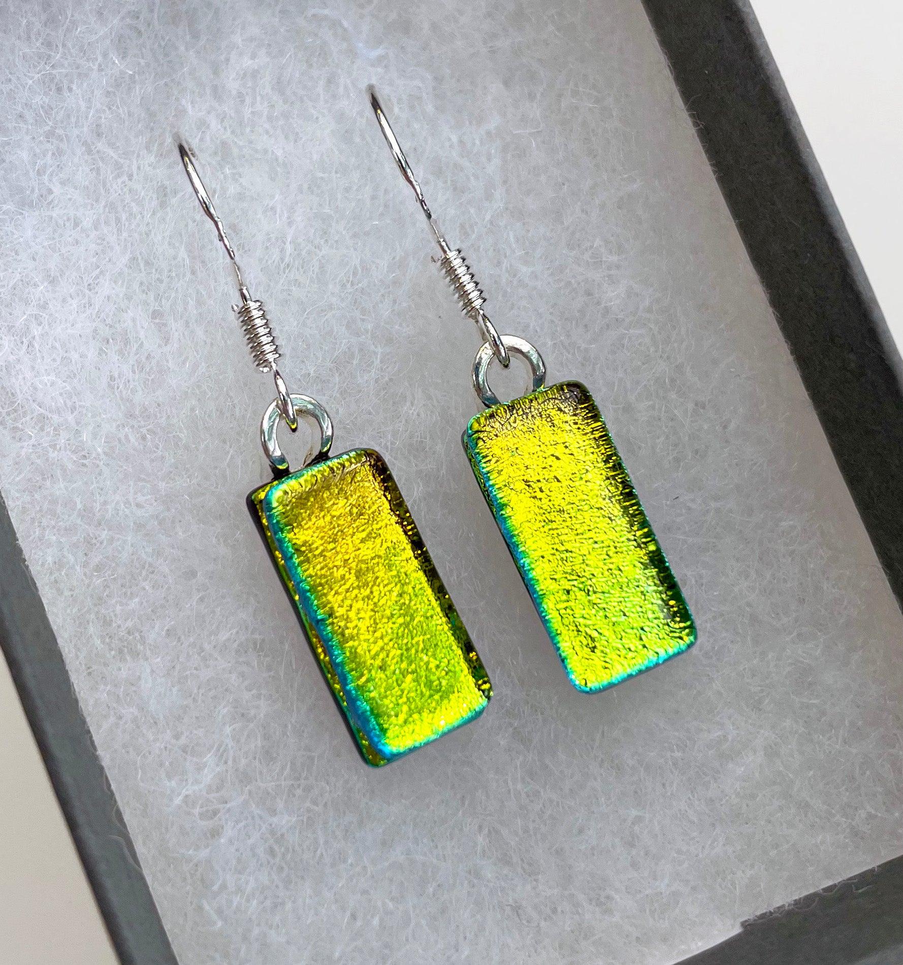 Jade Tapson - Dangle Pink, Green & Blue Dichroic Earrings Sterling Silver