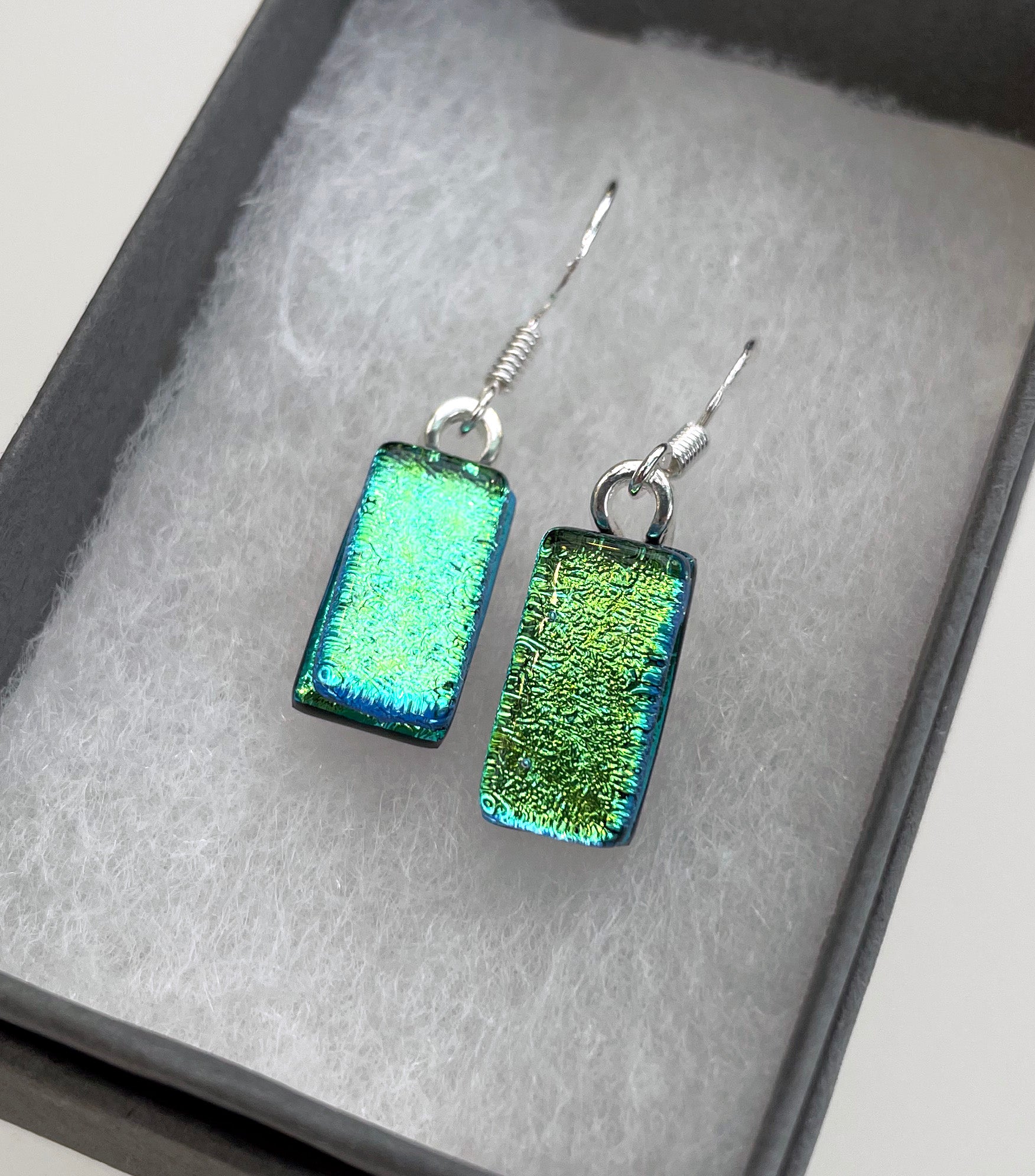 Jade Tapson - Dangle Green/Turquoise Dichroic Earrings Sterling Silver