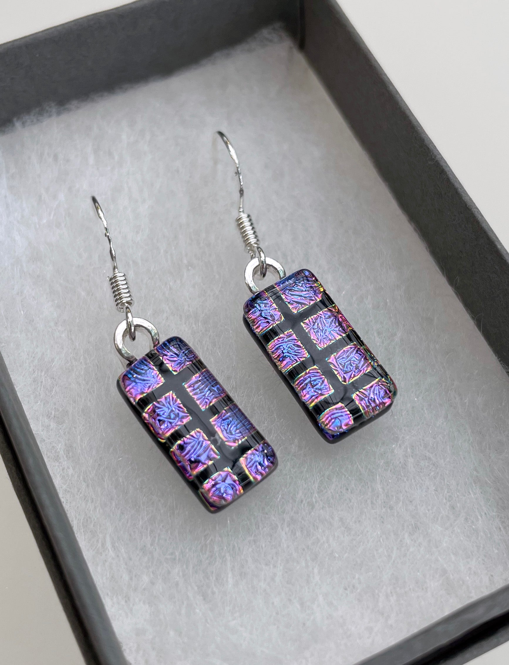 Jade Tapson - Dangle Square Patterned Dichroic Earrings Sterling Silver