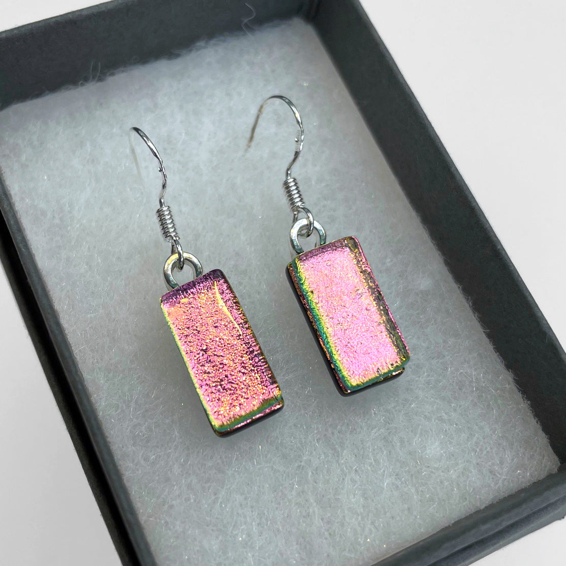 Jade Tapson - Dangle Pink/Green Dichroic Earrings Sterling Silver
